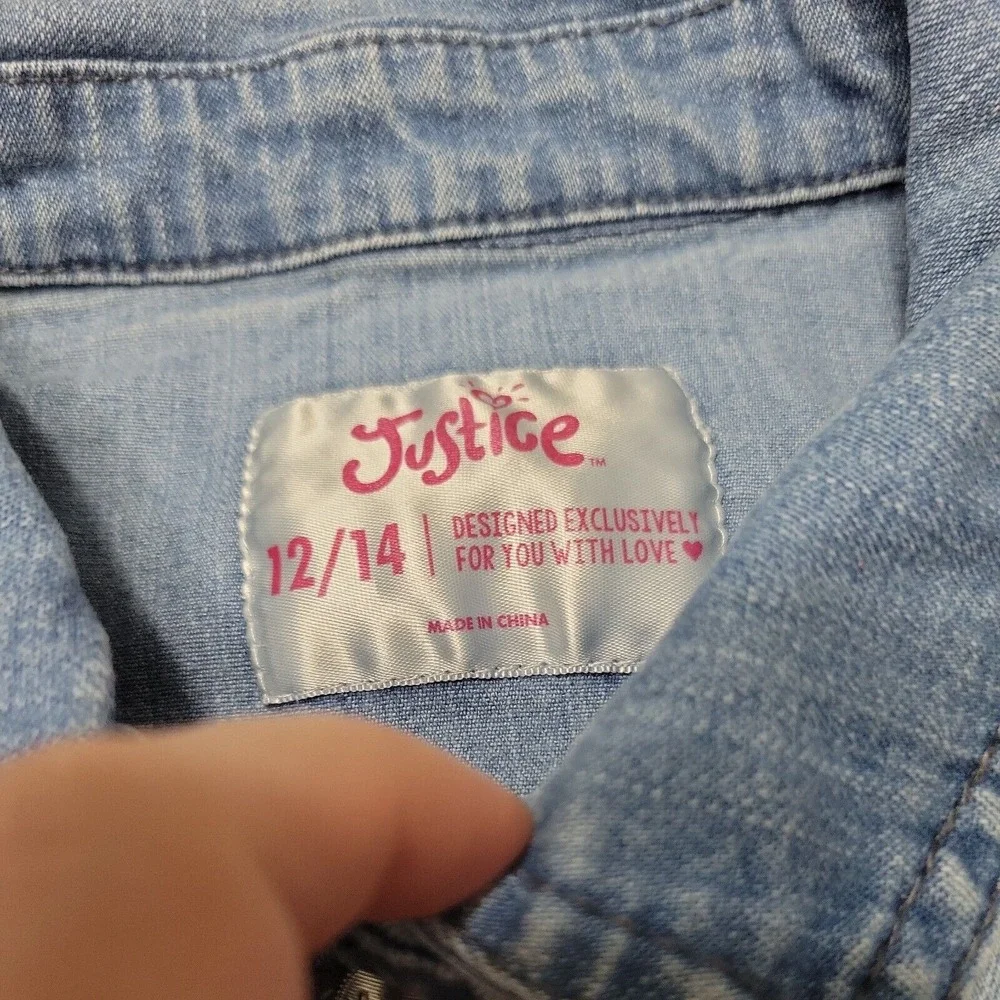 Justice Jean Jacket Girls 12 14 Blue Buttons Flap Pockets Collared Stretch Denim